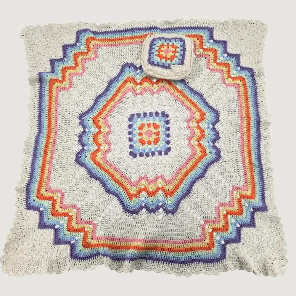 Handmade Crochet Rainbow Chevron Baby Blanket and Tooth Fairy Square Pillow Set